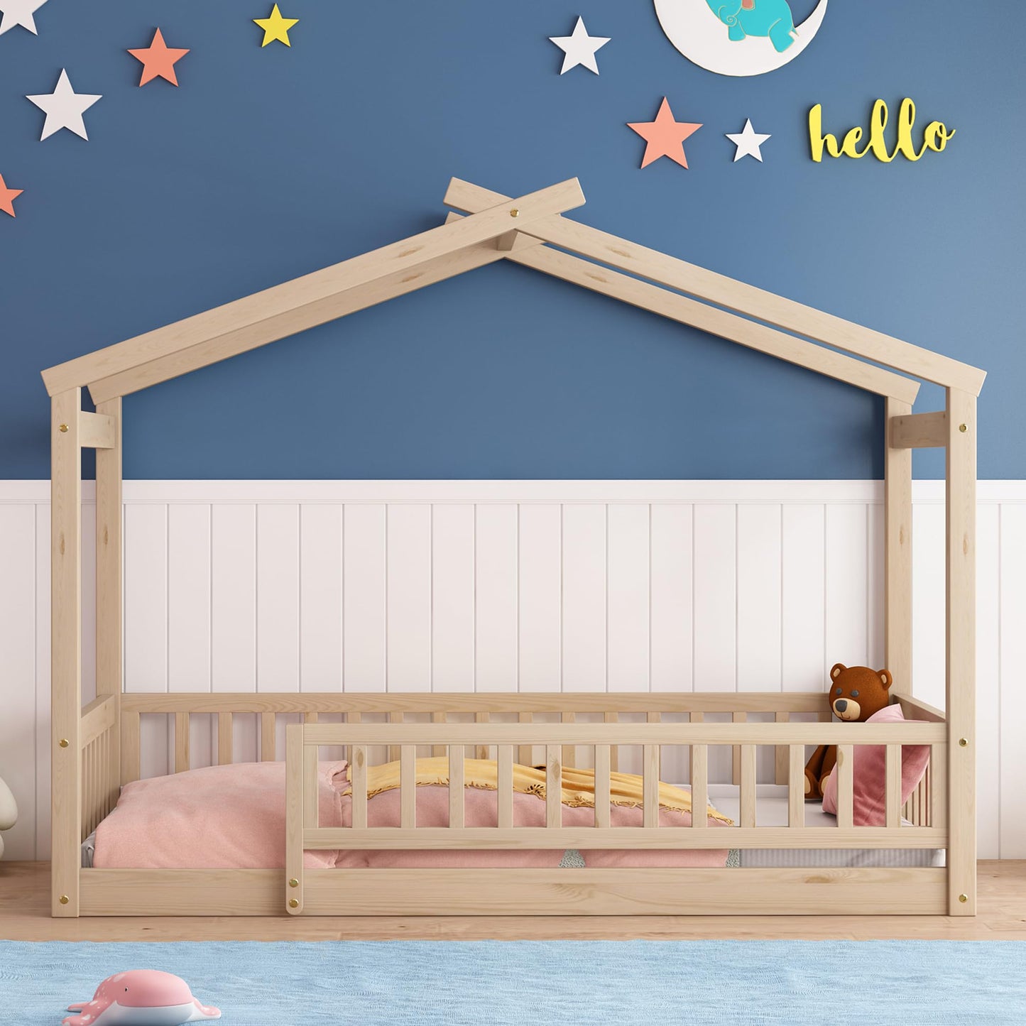 Harper & Bright Designs Twin Montessori Floor Bed with Fence Railing – Natural Wood Frame for Kids - WoodArtSupply