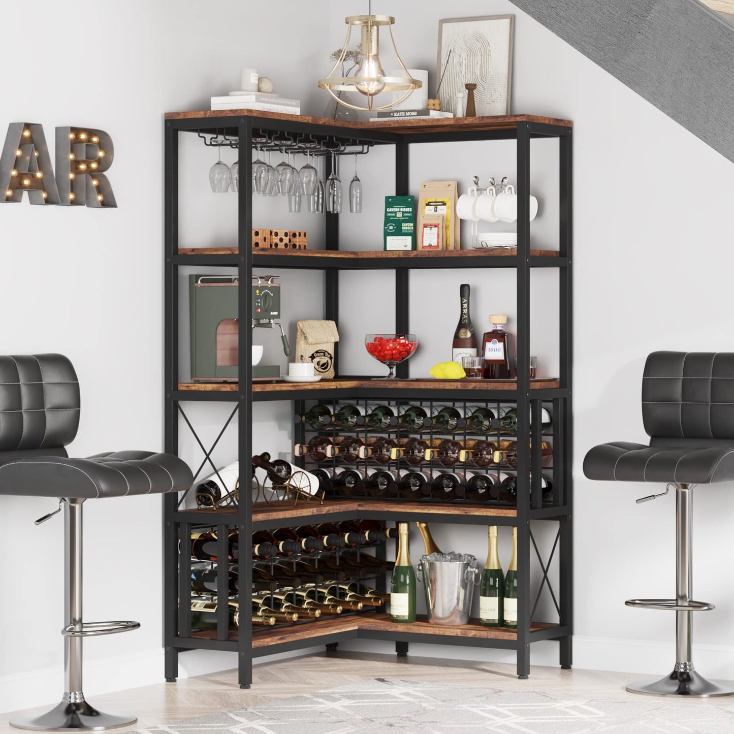 Tribesigns Large Corner Wine Rack, 5-Tier L Shaped Industrial Freestanding Floor Bar Cabinets for Liquor and Glasses Storage, Wooden Wine Bottle Holder Shelf for Home Kitchen (Rustic Brown) - WoodArtSupply