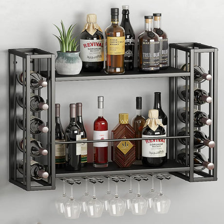 ZAOBAS Wall Mounted Wine Rack, Wine Rack Wall Mounted with Wine Glass Rack, 2-Tier Multi-Functional Shelf for Home Restaurant Bar Storage Rack,Black ZAOBAS