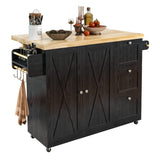 IRONCK Rolling Kitchen Island Cart with Drop-Leaf Countertop, Barn 3Drawers, Barn Door Style Cabine,Thicker Rubberwood Top, Spice Rack, on Wheels, for Kitchen and Dining Room, Black IRONCK