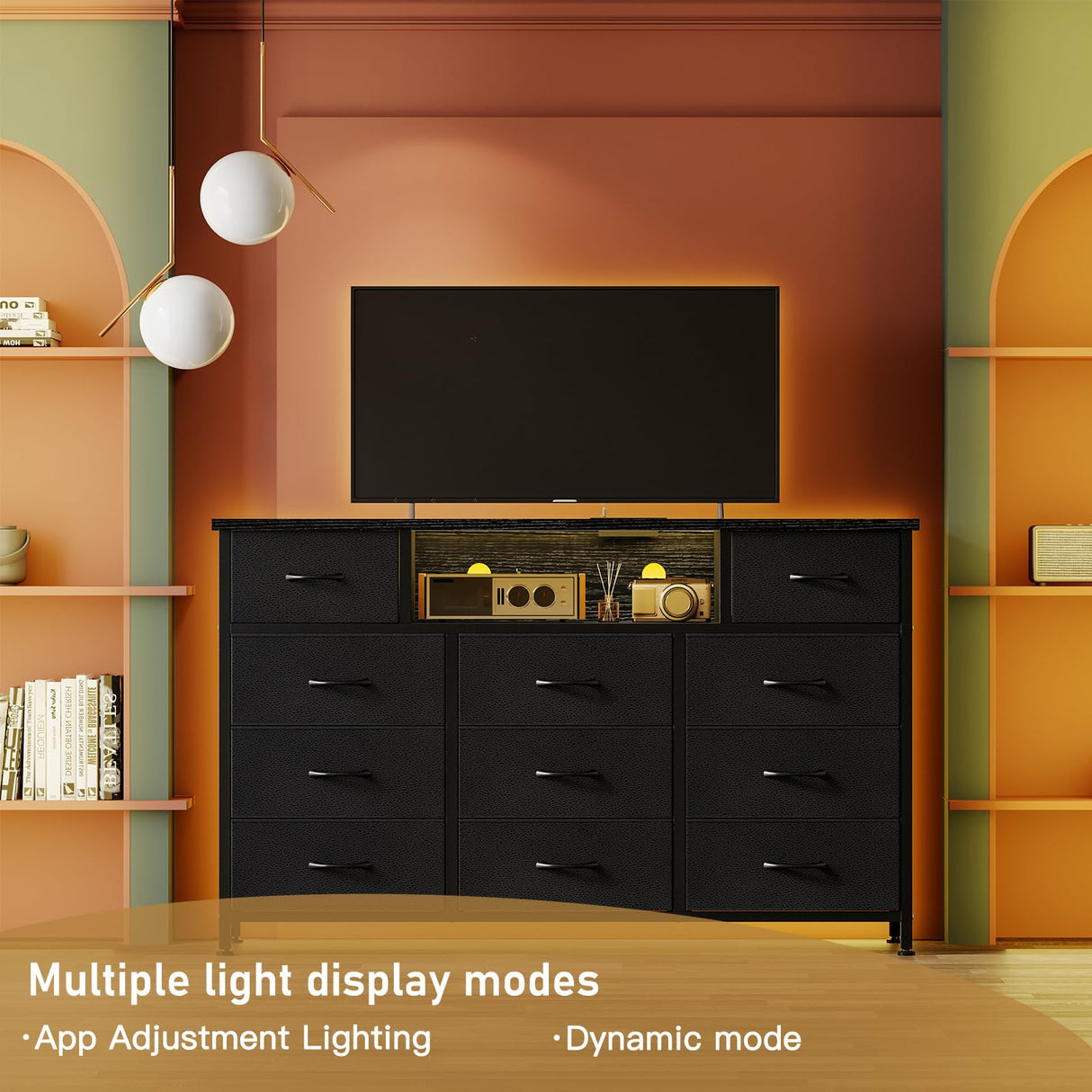 YGEOMER 59in Long Black Dresser for Bedroom TV Stand with Charging Station and LED Lights, Black Dresser with 11 Drawers, Fabric Chest of Drawers with PU Finish for Bedroom, Entryway YGEOMER