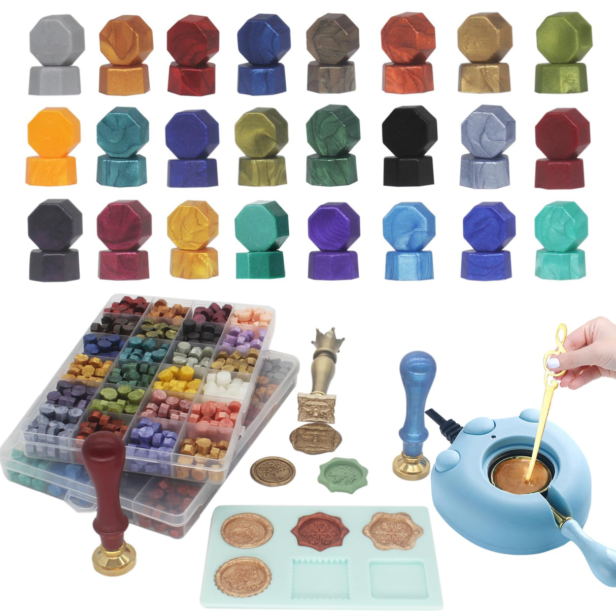 Andotopee Wax Seal Kit With 24 Colors Envelope Stamp Seals Beads 600pcs, Tree of Life Sealing Stamp, Electric Wax Seal Warmer Set, Silicone Mold, Metallic Pen, 120 Removable Sticky Dots, Spoon Cleaner Andotopee