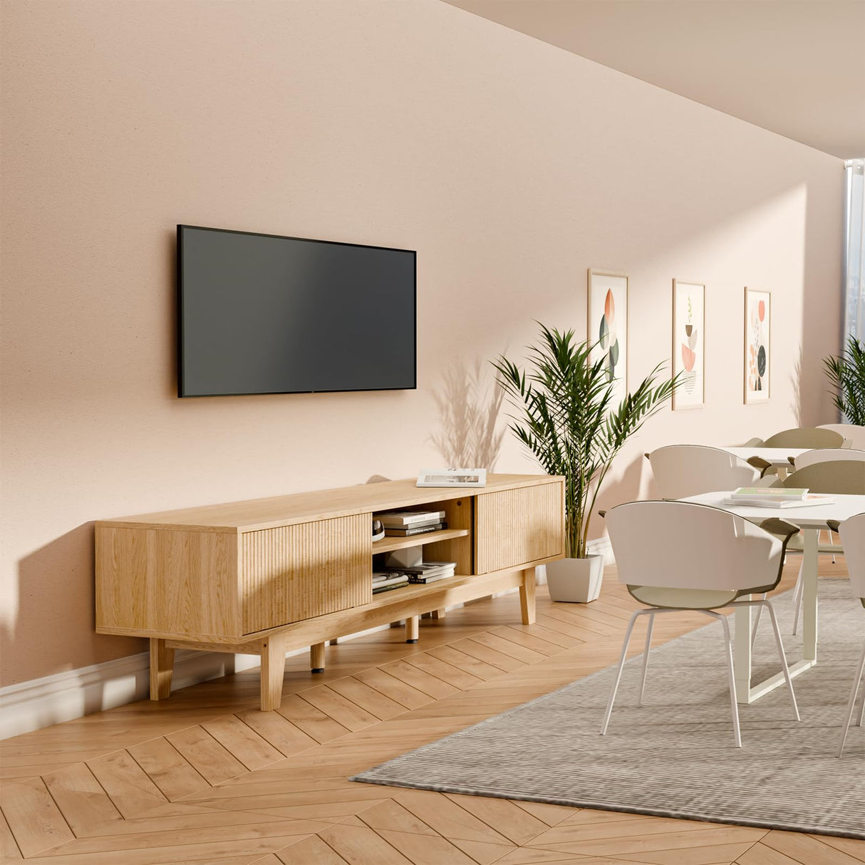 59" Mid-Century Modern TV Stand with Fluted Sliding Doors - Solid Wood Entertainment Center for 55/60/65 Inch TV, Adjustable Shelves, Boho Farmhouse Media Console for Living Room, Bedroom & Office.Oak SEALAMB