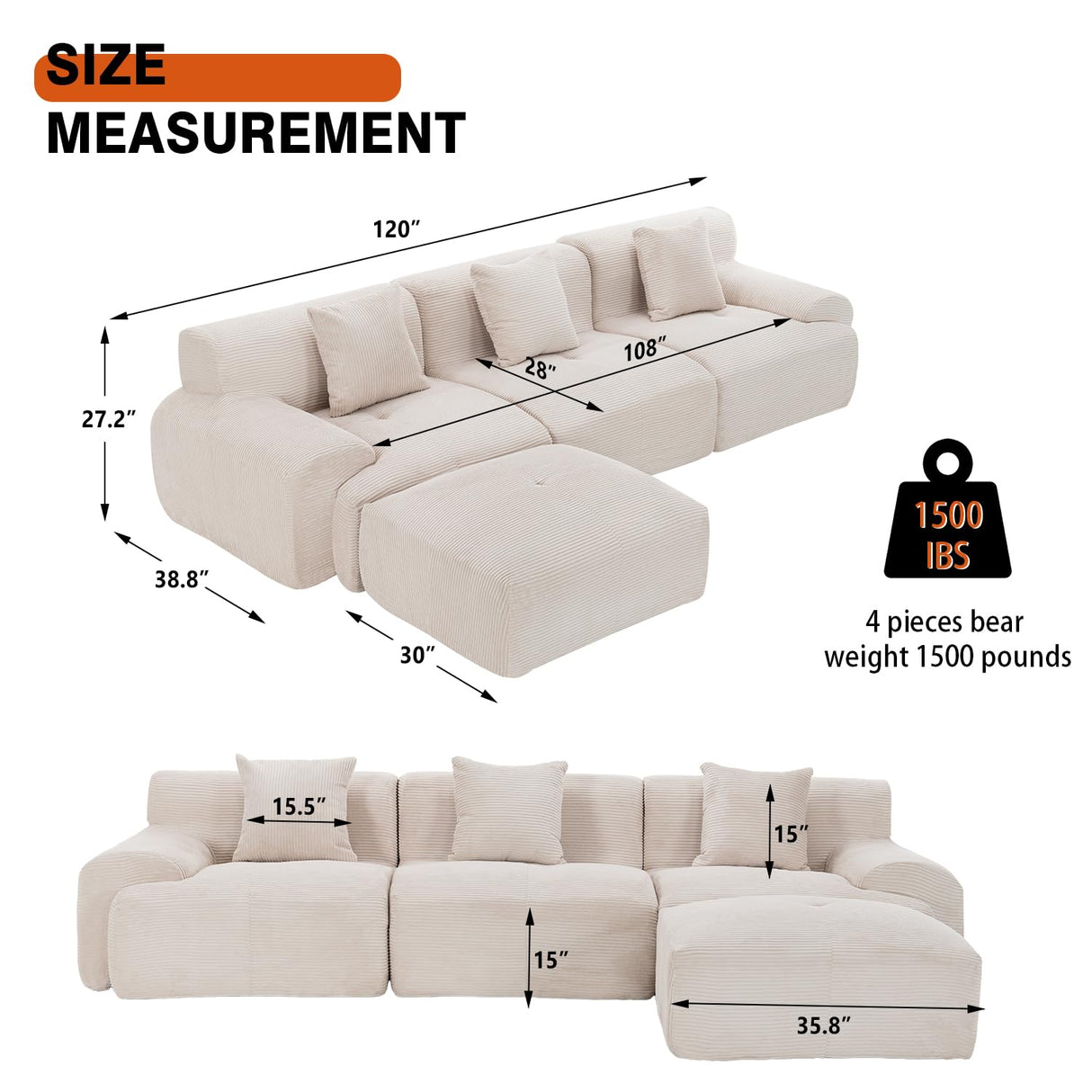 120" Modular Boneless Couch Cloud Couch Sectional Couches for Living Room with Ottoman, Modern L-Shaped Modular Sectional Sofa with Deep Seat, Corduroy 3-Seater Sleeper Sofas for Living Room (Beige) Aaron Living