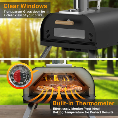 LotFun Outdoor Pizza Oven with Manual Rotating System, 12" Portable Wood Fired Pizza Oven with Pizza Stone, Pizza Shovel and Pizza Cutter, Stainless Steel Pizza Oven for Backyard Patio