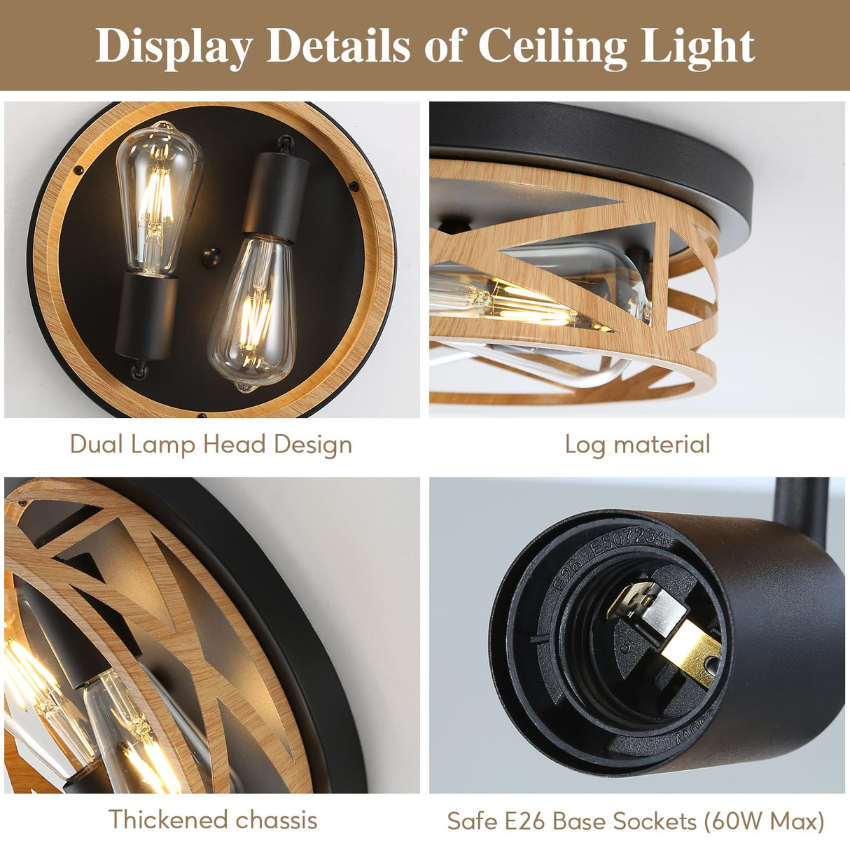 2 Pack Close to Ceiling Light Fixtures, 2-Light Indoor House Flush Mount Ceiling Light, 11 Inch Metal Cage Cross Wood Finish Farmhouse Ceiling Lights for Kitchen Hallway Bedroom DOXVIEZE