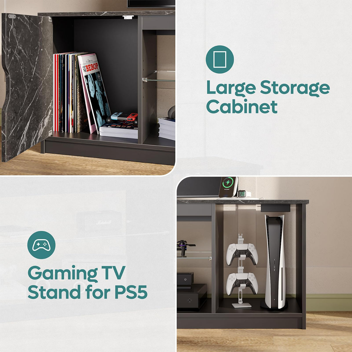 Bestier LED TV Stand with Power Outlets for 55/60/65 Inch TV, Gaming Entertainment Center with Cabinet for PS5, Modern TV Cabinet with Adjustable Glass Shelves for Living Room 58 Inch,Black Marble Bestier