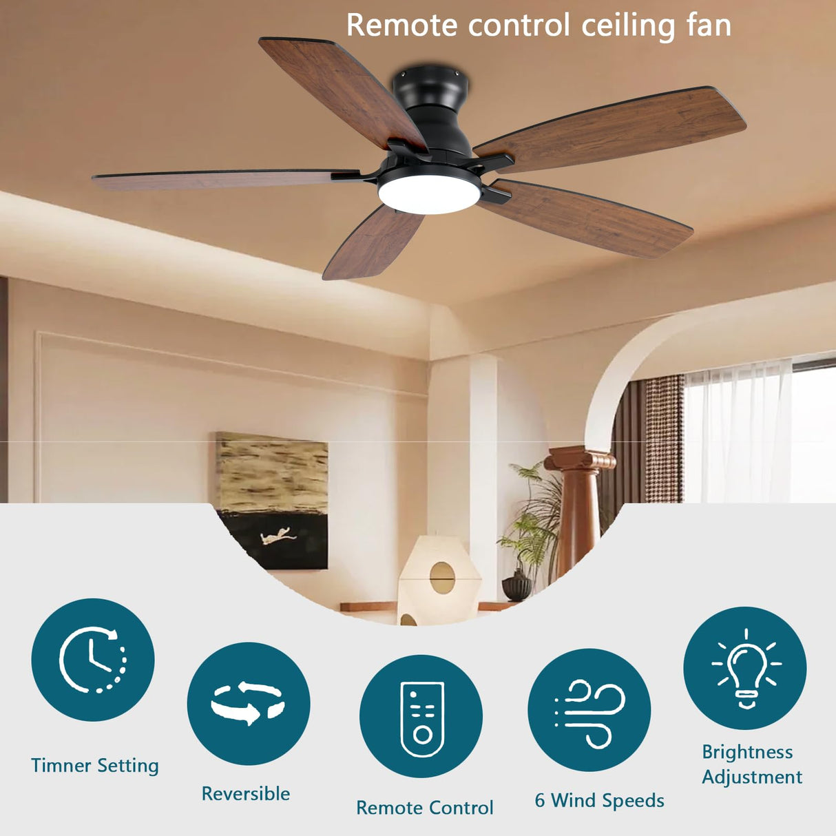JSAITEE Ceiling Fans with Lights, 52 Inch Low Profile Ceiling Fan with Light and Remote Control, Flush Mount, DC Reversible Motor, Noiseless, Brown 6 Speeds Ceiling Fan for Bedroom JSAITEE