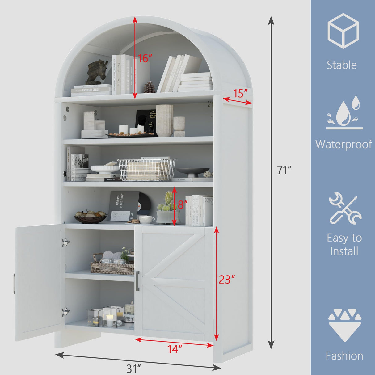 TIMWNER 71” Arched Bookshelves, Tall Wood Bookcase with Lower Cabinet, Modern Pantry Storage Cabinet Bookshelf for Kitchen, Living Room,Office,White TIMWNER
