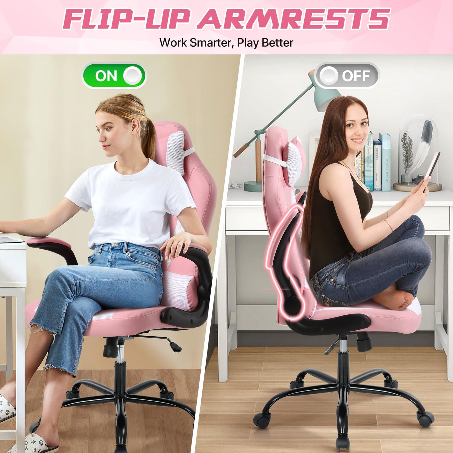 Gaming Chair for Adult, Kids Pink Office Desk Chair Ergonomic High Back Computer Chair with Lumbar Support Flip-up Arms Headrest PU Leather Swivel Task Chair for Girls