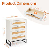 Mericonia 4 Drawer Rattan Dresser for Bedroom, Wood Tall Dresser for Closet with Metal Handles, Boho Nightstand Sets, Dressers & Chests of Drawers for Bedroom, Hallway and Entryway, White Mericonia