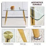 Ebullient Glass Dining Table Set for 4,5 Piece Dining Table and Chairs Set，Modern Kitchen Dining Room Table with 4 White PU Leather Dining Chairs,0.31” Tempered Glass Table Top with Gold Metal Legs Ebullient