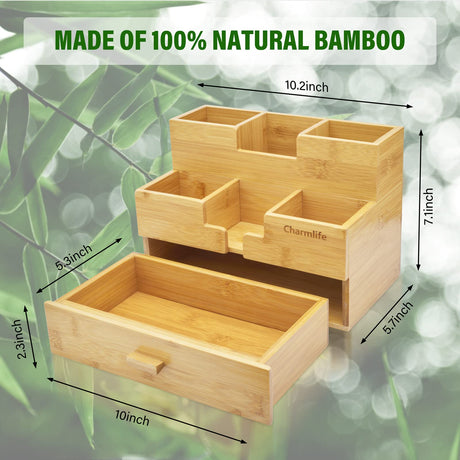 Charmlife Bamboo Desk Organizer - Makeup & Pen Storage with Drawer & Pencil Holder for Office Organization Charmlife