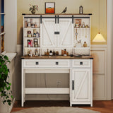 VIAGDO Farmhouse Makeup Vanity Desk with Sliding Door and Lights, Vanity Table with Charging Station & 2 Drawers, Rustic Big Vanity Table with Hooks/Shelves/Hidden Space for Bedroom VIAGDO