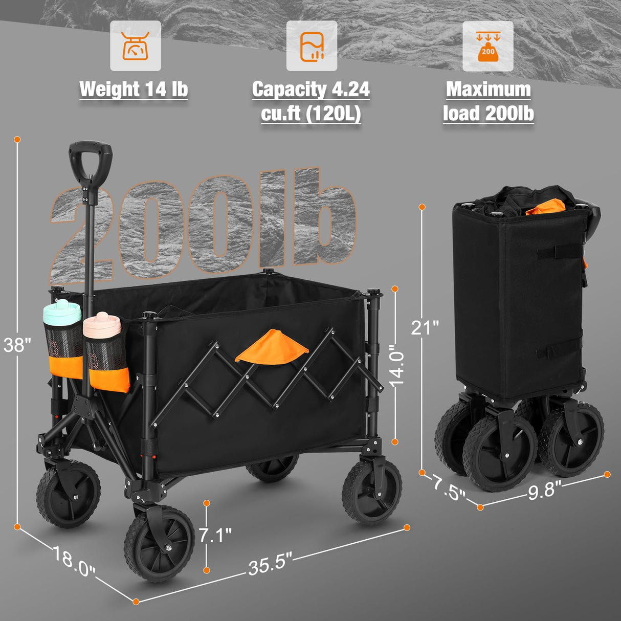 Collapsible Wagon, Grocery Wagons Carts Foldable Utility Wagon with All-Terrain Wheels, Cup Holders, Pockets for Grocery Shopping, Sport, Camping, Garden, Outdoor Biange