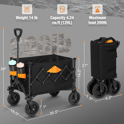 Collapsible Wagon, Grocery Wagons Carts Foldable Utility Wagon with All-Terrain Wheels, Cup Holders, Pockets for Grocery Shopping, Sport, Camping, Garden, Outdoor