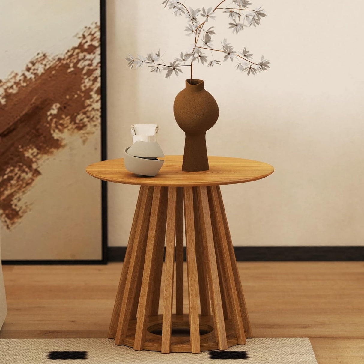 DUOMAY Modern Solid Wood Round Side Table with Geometric Base, Natural Wood Accent End Table Center Table for Living Room, Bedroom, Lounge, Office, Log Color DUOMAY