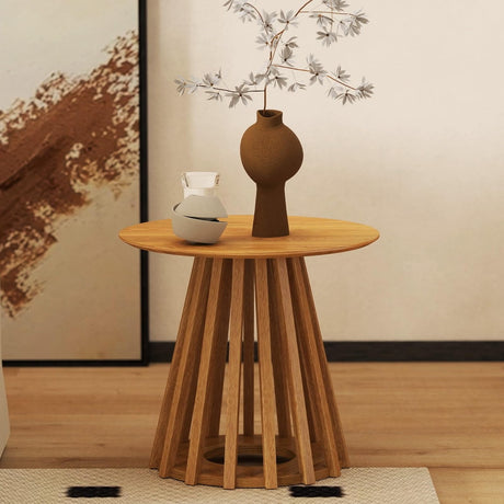 DUOMAY Modern Solid Wood Round Side Table with Geometric Base, Natural Wood Accent End Table Center Table for Living Room, Bedroom, Lounge, Office, Log Color DUOMAY