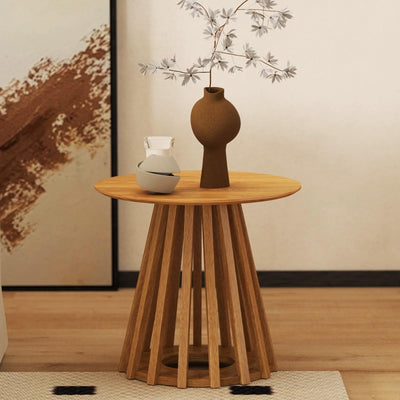 DUOMAY Modern Solid Wood Round Side Table with Geometric Base, Natural Wood Accent End Table Center Table for Living Room, Bedroom, Lounge, Office, Log Color