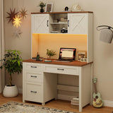 Farmhouse 67" H Executive Desk with Hutch,Office Desk with 4 Drawers and LED Light, Computer Desk with Storage Cabinet & File Drawers and Charging Station, Wood Workstation for Home Office and Study Vabches