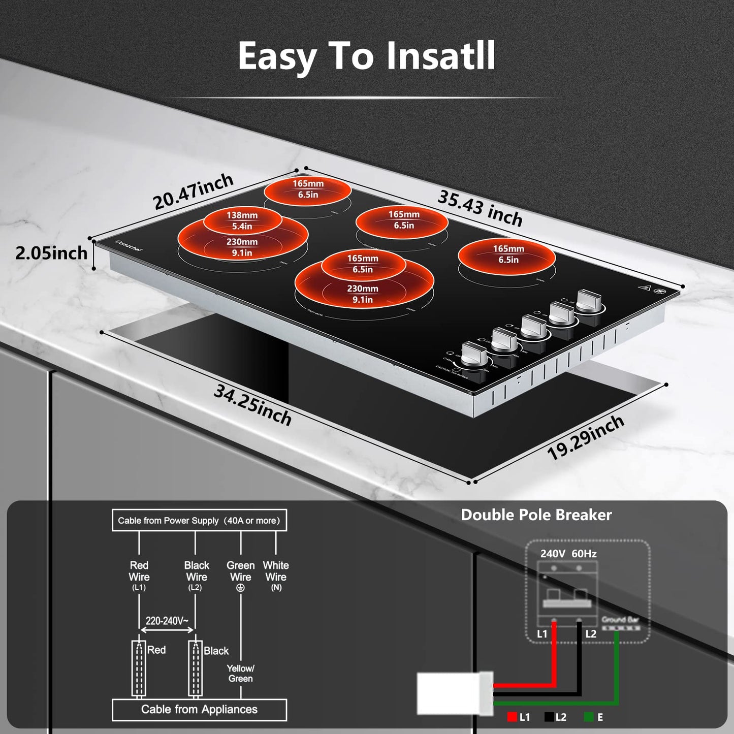 AMZCHEF Electric Cooktop 36 inch Built-in Electric Stove Burner with 5 Burners,8900W Power Control by Knob,Ceramic Electric Stove with Hot Surface Indicator,220V-240V