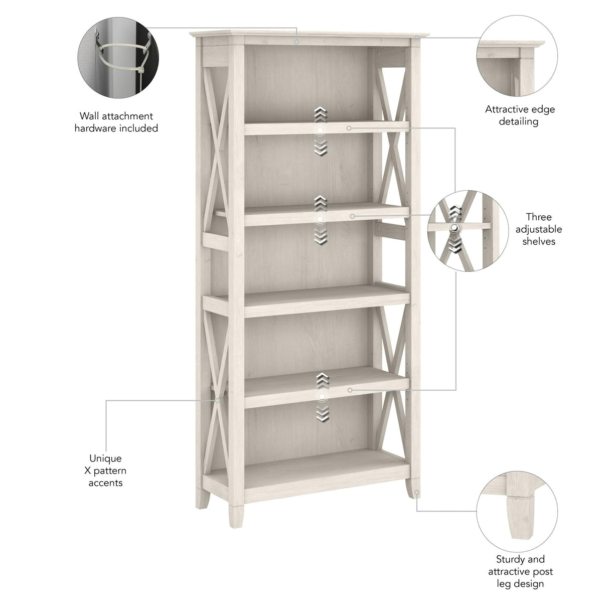 Bush Business Furniture Key West 5-Shelf Bookcase in Linen White Oak - Stylish Storage Solution for Any Room Bush Business Furniture