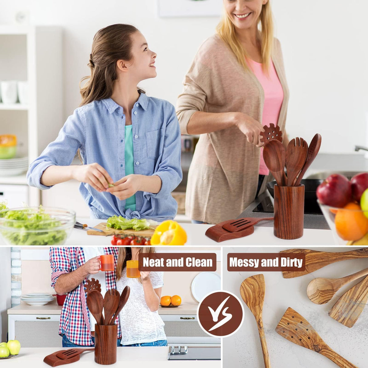 Kitchen Utensils Set,16 Pcs,Wooden Spoons for Cooking, Natural Teak Nonstick Spatula with Spoon Rest, Comfort Grip,Premium Quality House Warm Sweet Gifts RHINHOB