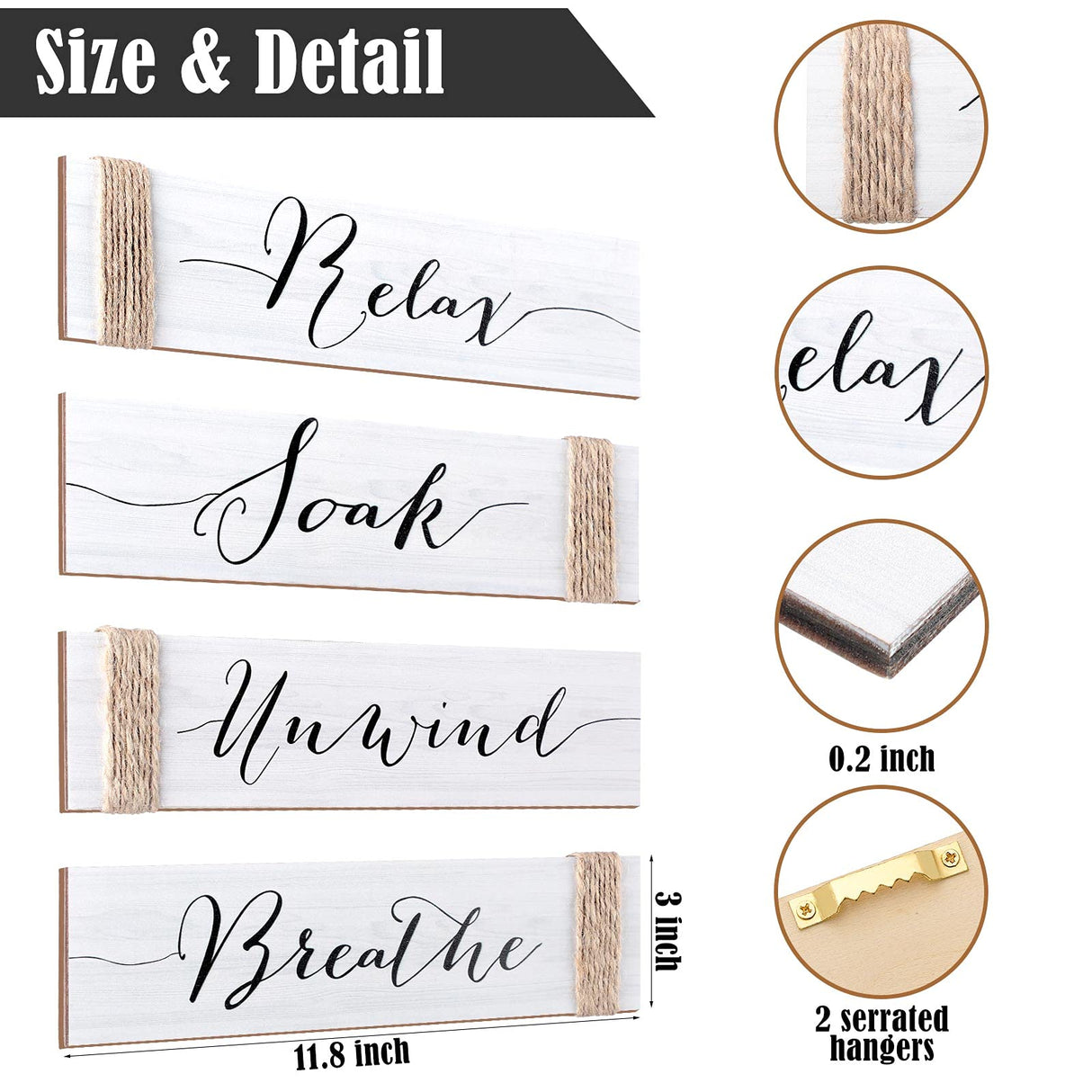 4 Pieces Farmhouse Bathroom Decor Wall Art Bathroom Sign Rustic Bathroom Decor Relax Soak Unwind Breathe Wood Sign for Home Spa Bathroom Decor, 11.8 x 3 Inch (White) Jetec