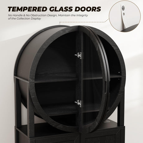 BROTTAR Rounded Kitchen Pantry, Bar Display Cabinet with LED Lights, 65" Tall Wine Storage Cabinet with Glass Doors & Shelves, Modern Liquor Cabinets for Dining Room, Kitchen, Living Room,Black BROTTAR