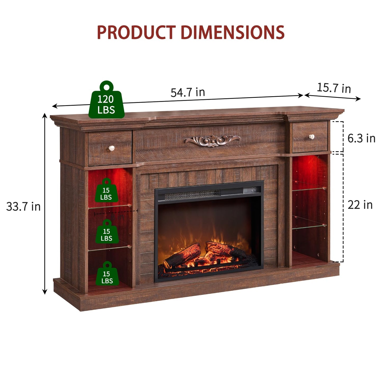 IFBUY 54" Farmhouse Electric Fireplace with Mantel, 33" Tall LED Fireplace TV Stand w/7 Lighting Colors, 23'' Freestanding Electric Fireplace Heater, Open Adjustable Shelves & Drawers, Brown