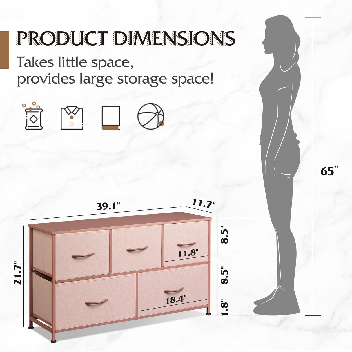 WLIVE Dresser for Bedroom with 5 Drawers, Wide Chest of Drawers, Fabric Dresser, Storage Organization Unit with Fabric Bins for Closet, Living Room, Hallway, Pink and Rose Gold WLIVE