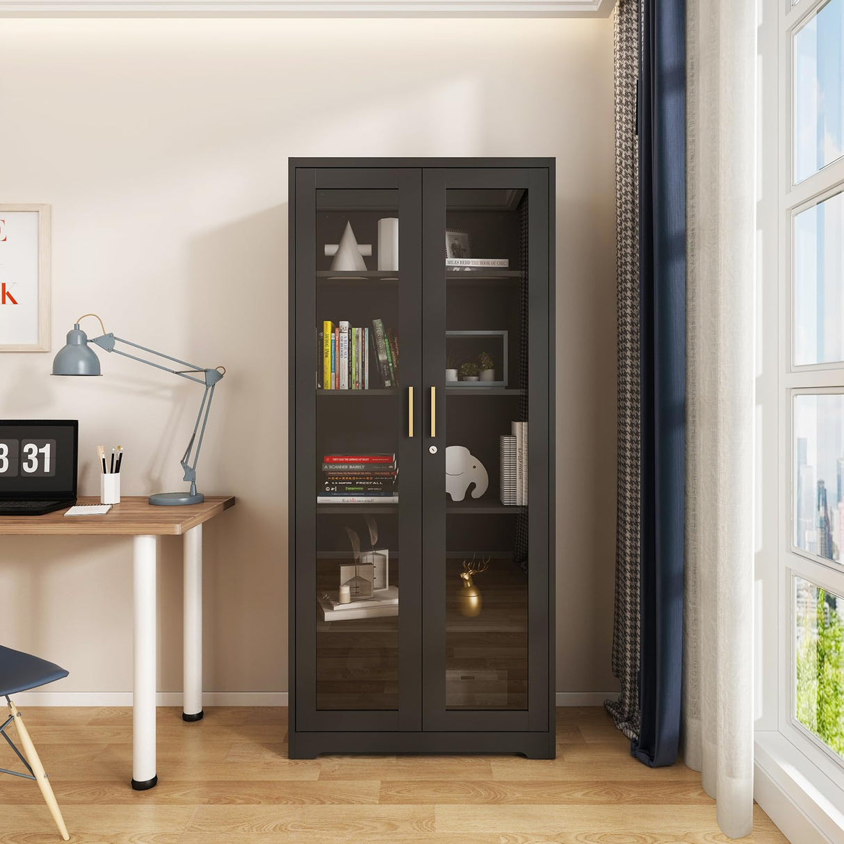 71" Tall Black Locking Cabinet, Metal Storage Cabinet with Glass Doors, Glass Display Cabinet, Curio Cabinet with 4 Adjustable Shelves, Cabinet for Home Office, Kitchen, Living Room- Assembly Required MetalMax