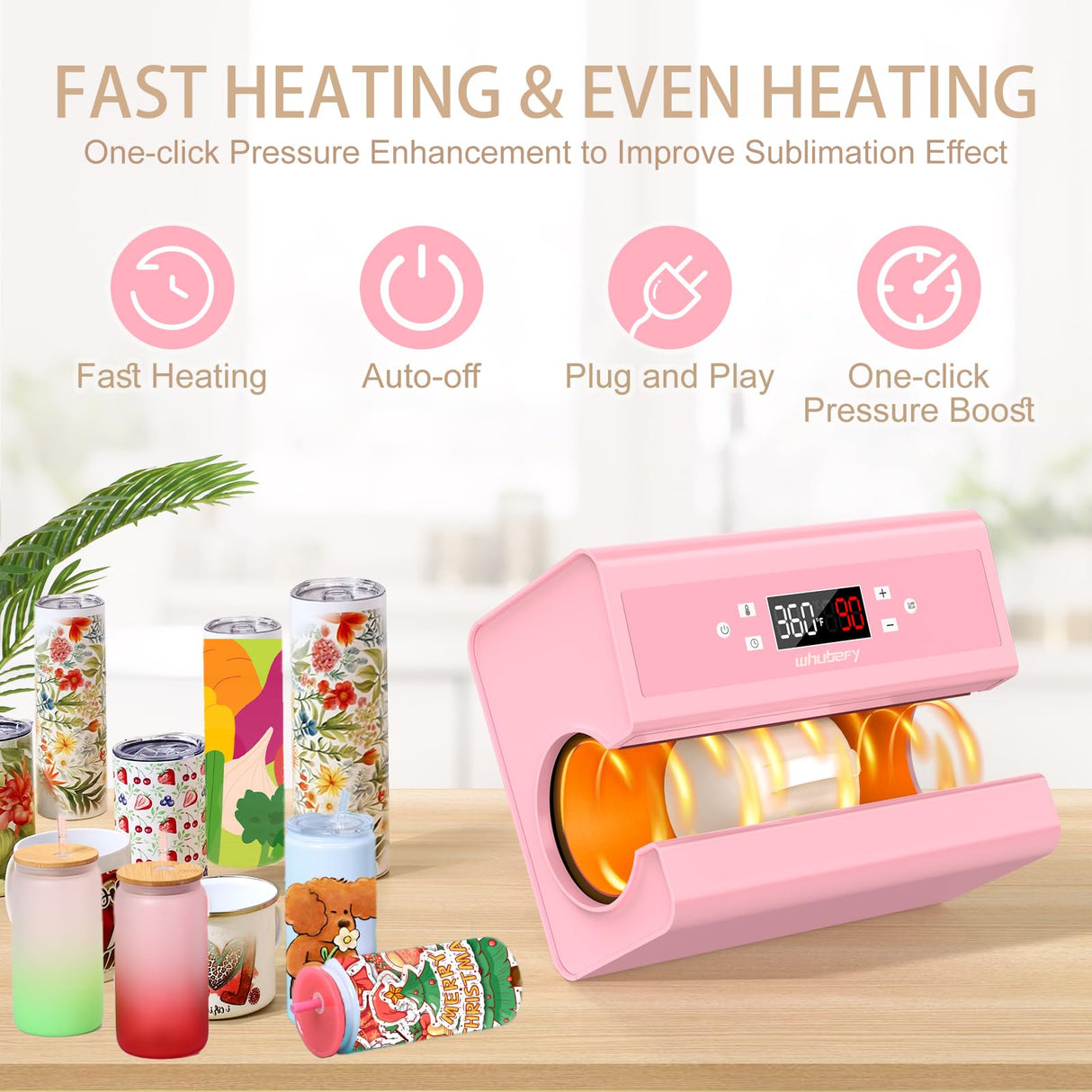 Whubefy Auto Tumbler Heat Press Machine, Pink Mug Heat Press for 10-30oz 2.9-3.34 Inch Heating Even & Fast, PRO Tumbler Press Machine with Starter Kit, Sublimation for Tumbler, Glass Jar, Can & Mugs Whubefy
