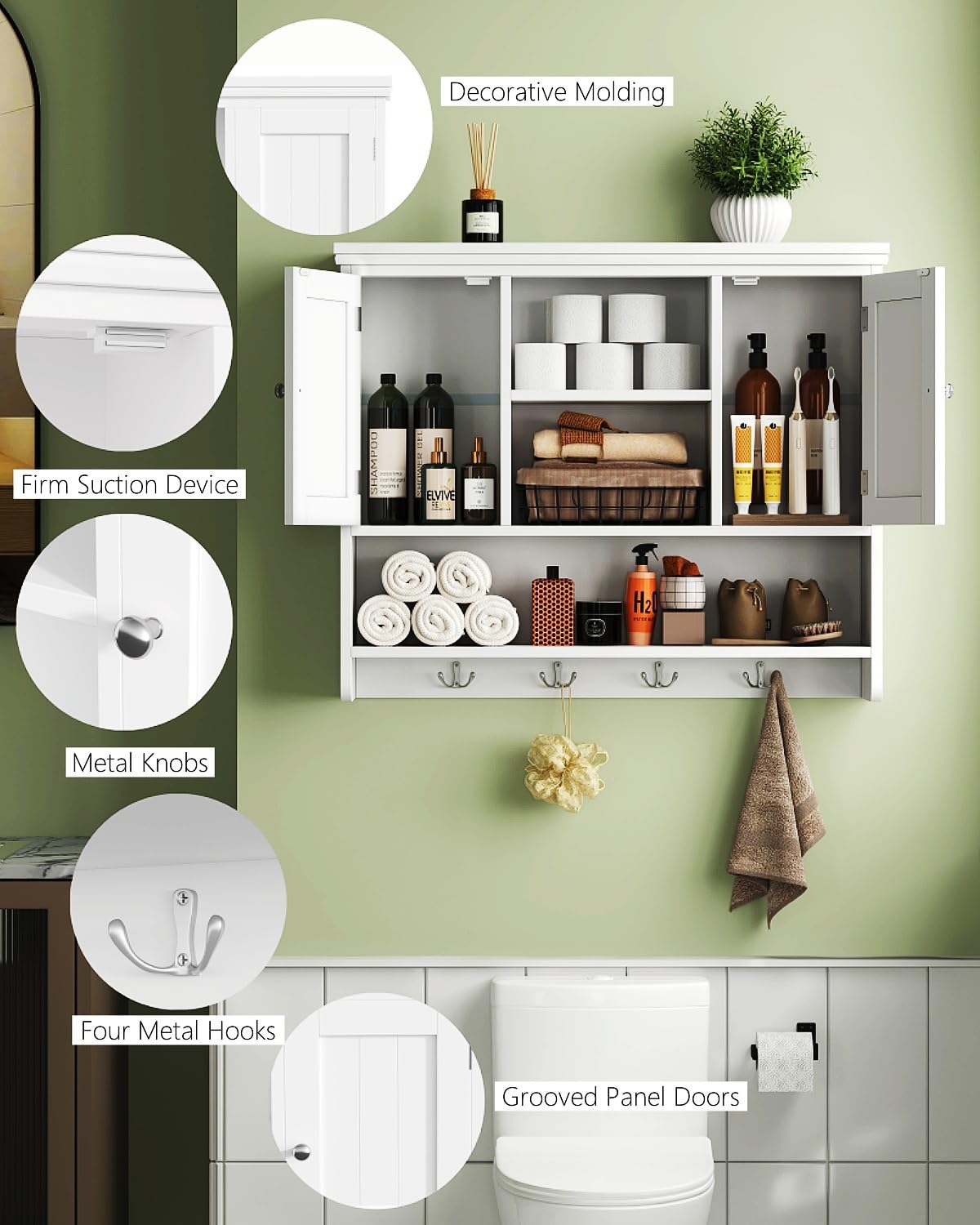 Irontar 31.5" L Large Medicine Cabinet with 4 Hooks, Wooden Bathroom Wall Cabinet with Shelf, Modern Hanging Cabinet Over Toilet, Lined Door, for Living Room, Entryway, Kitchen, White Irontar