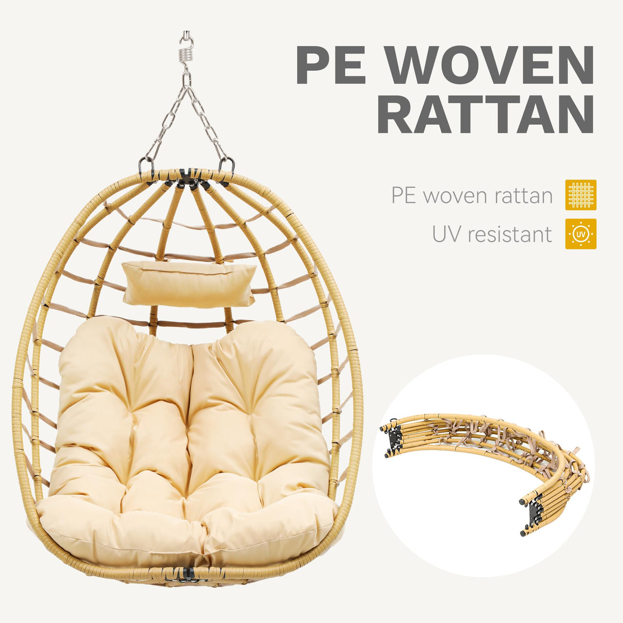 DWVO Egg Hanging Swing Chair with Stand Egg Chair Wicker Indoor Outdoor Hammock Egg Chair with Cushions 330lbs for Patio, Bedroom, Garden and Balcony, Beige DWVO