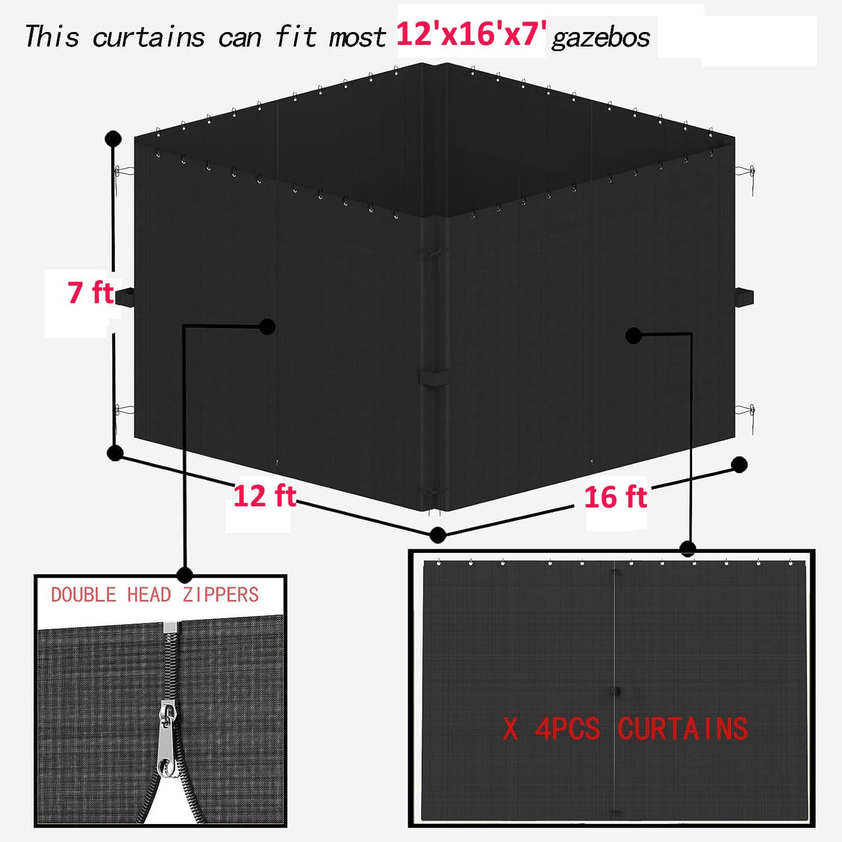 SunCula Replacement Gazebo Curtains Universal Privacy Shade Curtains 4-Panels sidewall with Zipper Outdoor Curtains (12'x16', Black, Only Curtains) SunCula