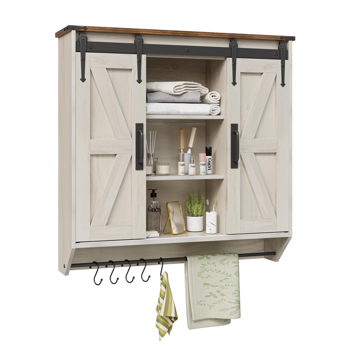 Trironsun Farmhouse Medicine Cabinet 2 Sliding Barn Doors 3 Tier Rustic Wood Wall Storage Cabinet Adjustable Shelf Towel Bar Wall Mounted Bathroom Wall Cabinet (Antique White, 30.71 Inch) - WoodArtSupply