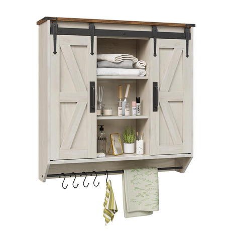 Trironsun Farmhouse Medicine Cabinet 2 Sliding Barn Doors 3 Tier Rustic Wood Wall Storage Cabinet Adjustable Shelf Towel Bar Wall Mounted Bathroom Wall Cabinet (Antique White, 30.71 Inch) Trironsun