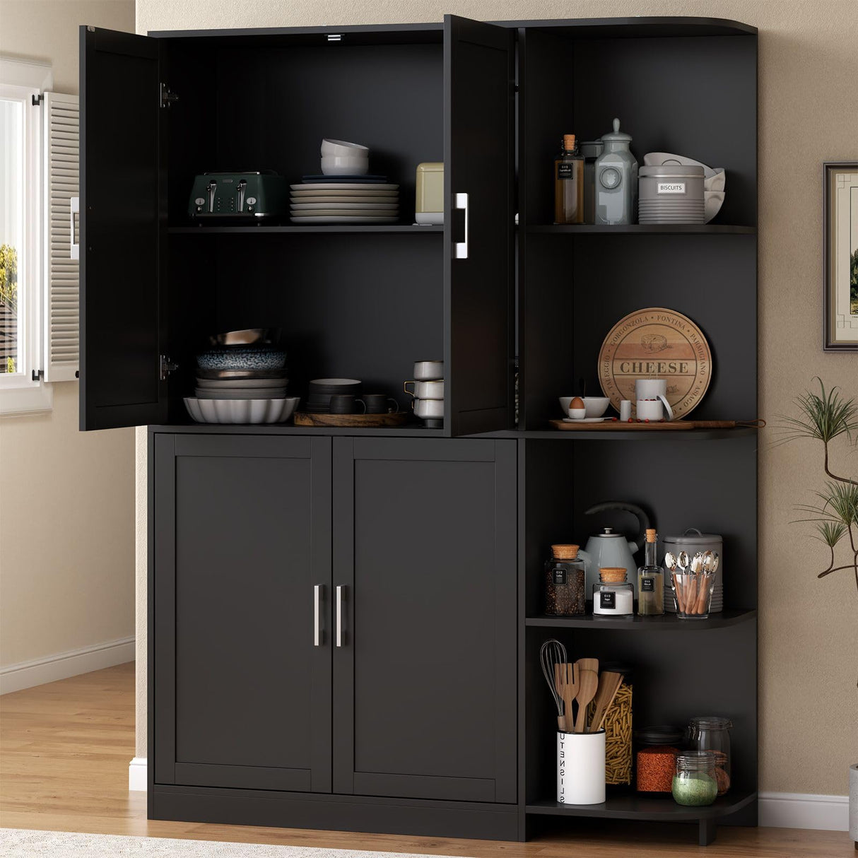 Loomie Kitchen Pantry Storage Cabinet, 64" Tall Freestanding Cupboard with Doors & Adjustable Shelves, Food Pantry Cabinet with 5-Tier External Shelf for Dining Room, Living Room (Black) Loomie