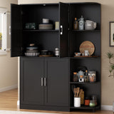 Loomie Kitchen Pantry Storage Cabinet, 64" Tall Freestanding Cupboard with Doors & Adjustable Shelves, Food Pantry Cabinet with 5-Tier External Shelf for Dining Room, Living Room (Black) Loomie
