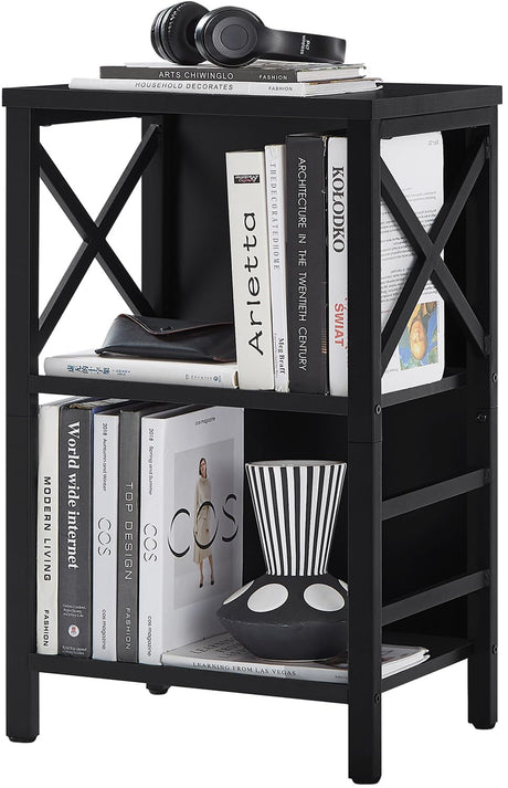 MNEETRUNG Small Bookcase,3 Tier Industrial Short Bookshelf with Metal Frame and Backboard,Low Black Bookshelf, Small Office Book Shelf for Small Spaces, Living Room, Bedroom and Home Office MNEETRUNG