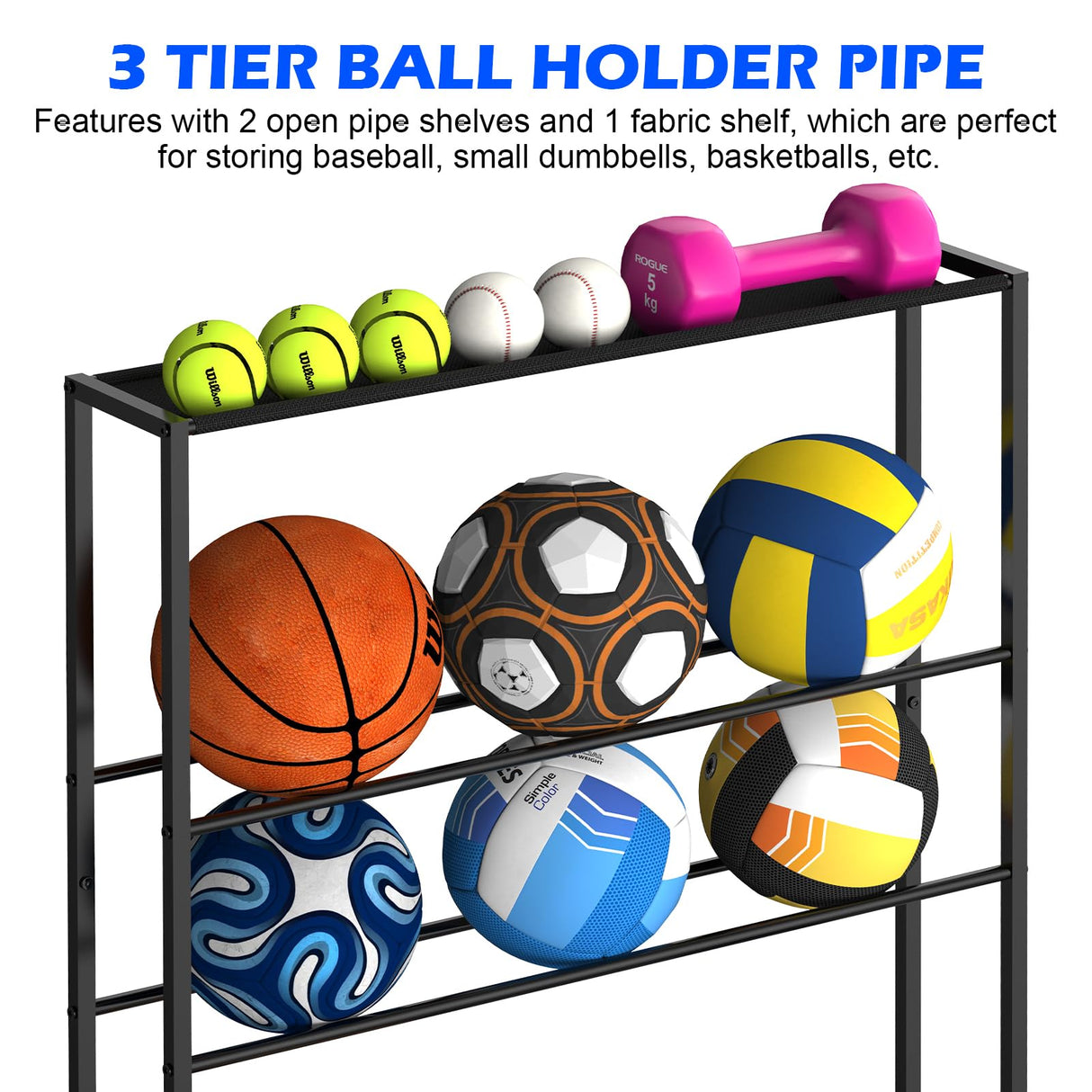 Luplom Sports Equipment Organizer Garage Ball Storage Rack for Sports Gear and Toys, Basketball Holder Stand with Basket and Hooks Rolling Ball Carts with Wheels for Indoor/Outdoor Use, Black Luplom