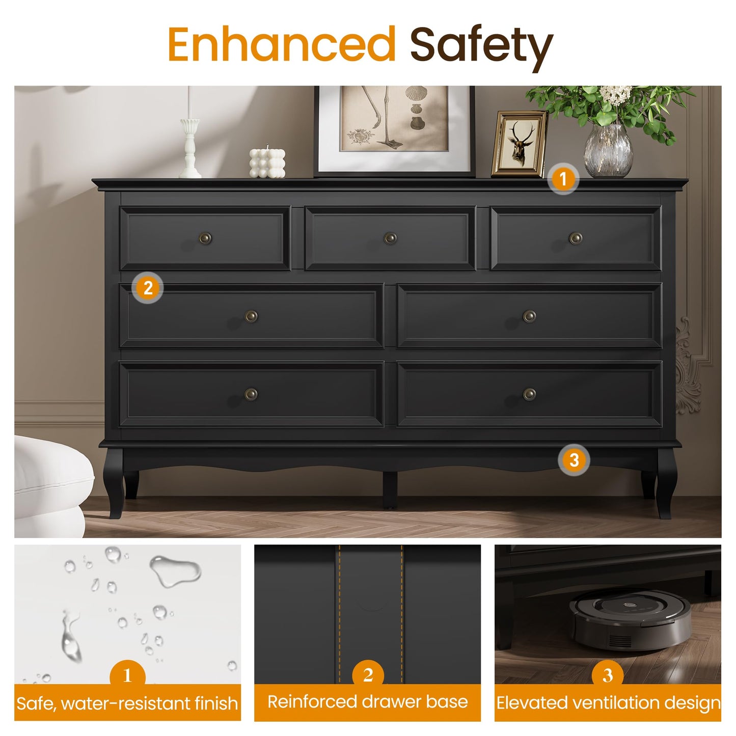 RoyalCraft Dresser for Bedroom, 7 Drawers Dresser with Distinctive Wooden Legs & Black Paint Finish, Black Drawer Dresser with Spacious Storage Space for Bedroom, Hallway