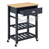 OSP Home Furnishings Hampton Kitchen Cart with Wood Top, Utensil Drawer, Under Cabinet Basket, and 2 Slatted Shelves, Blue Stone Base Office Star Products