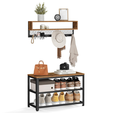 VASAGLE Coat Rack Shoe Bench Set, Hall Tree with Bench, Entryway Furniture, Multifunctional, Dot Coat Hooks, 2-Tier Shoe Rack, Industrial Style, for Entryway, Hallway, Rustic Brown ULCR073K01 VASAGLE