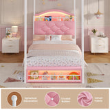 ADORNEVE Twin Canopy Bed Frame with LED Lights and Charging Station, Velvet Upholstered Platform Bed for Girls,Headboard with Charging Station & Guardrail & Crystal Button,Pink ADORNEVE