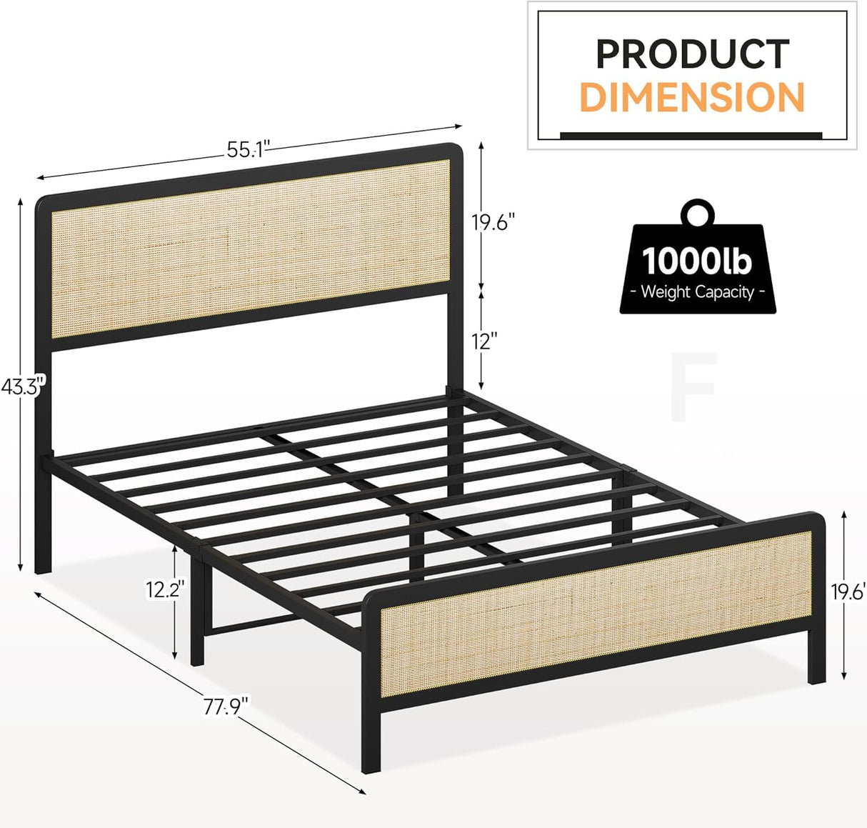 Full Size Metal Platform Bed Frame Natural Rattan Headboard, Bohemian Mattress Foundation with Strong Slats Support, No Box Spring Needed/Under Bed Storage/Non-Slip Without Noise/Easy Assembly SunnyFurn