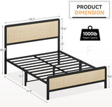 Full Size Metal Platform Bed Frame Natural Rattan Headboard, Bohemian Mattress Foundation with Strong Slats Support, No Box Spring Needed/Under Bed Storage/Non-Slip Without Noise/Easy Assembly SunnyFurn