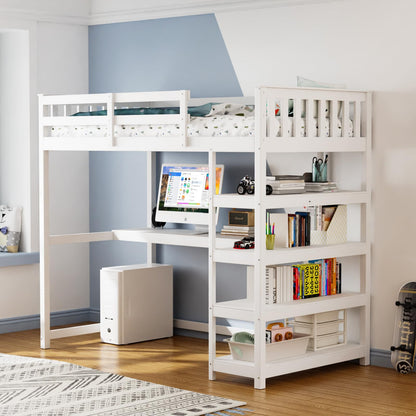 Bunk Bed with Desk and 4-Layer Shelves, Loft Bed Twin Size with Under Desk and Bookcase Storage, Twin Bed Frame for Kids, Adults& Young Teens, White - WoodArtSupply