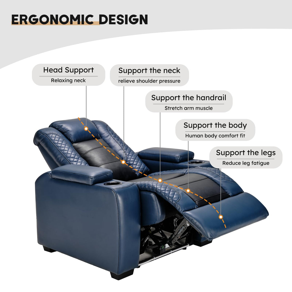 ANJ Power Home Theater Seating Recliner Chairs Set of 3, PU Leather Recliner & Cup Holder, Electric Movie Theater Reclining Chairs with Adjustable Headrest, Blue LED, Hidden Arm Storage (Black-Blue) ANJ